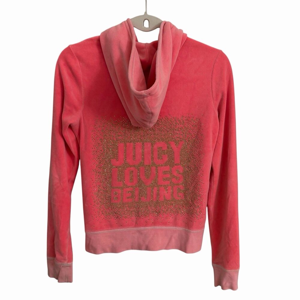 Juicy Couture Velour Hoodie Womens Small Pink Loves Beijing Full Zip Y2K USA